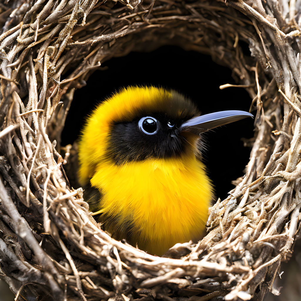 Colorful Bird Peeking from Twig Nest Opening