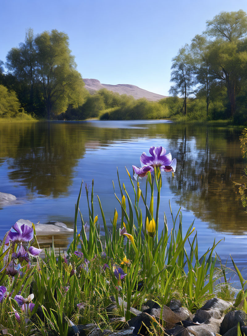 Tranquil Lake Scene with Purple Iris Flowers