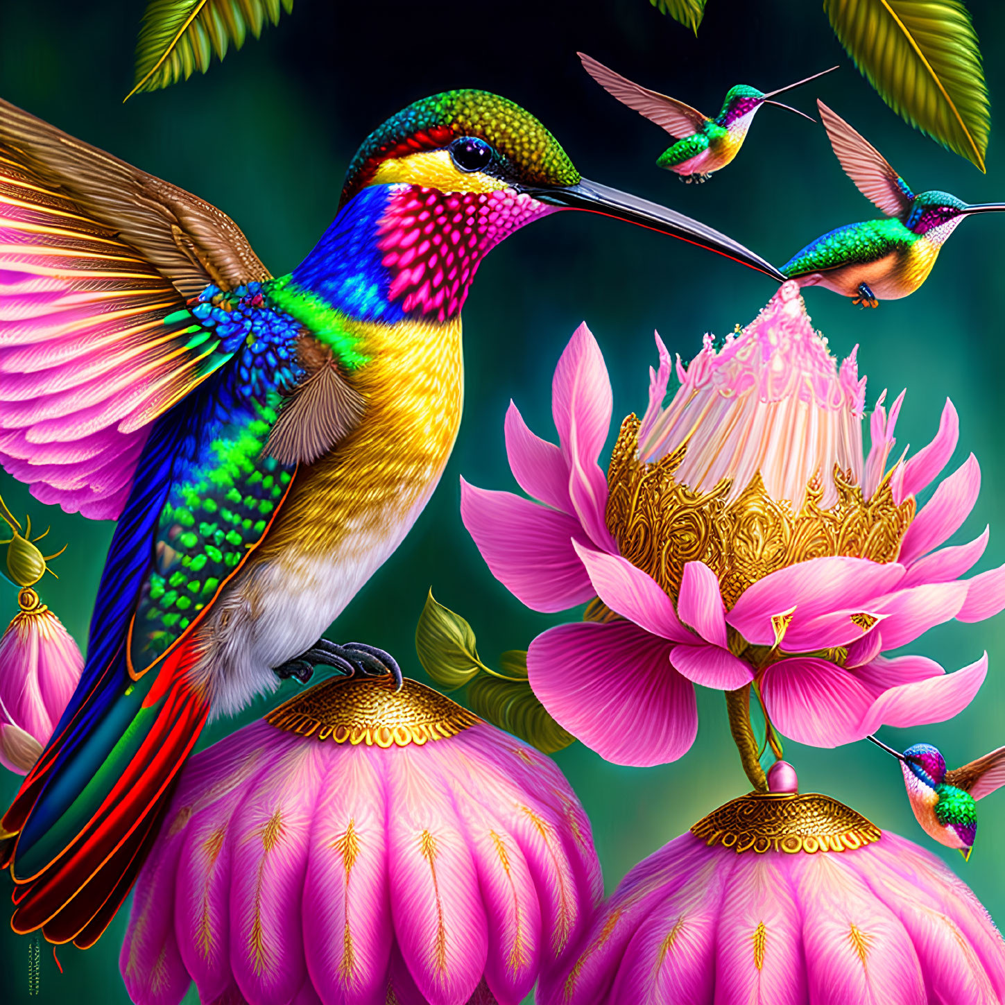 Colorful Hummingbird Illustration with Exotic Flowers & Birds