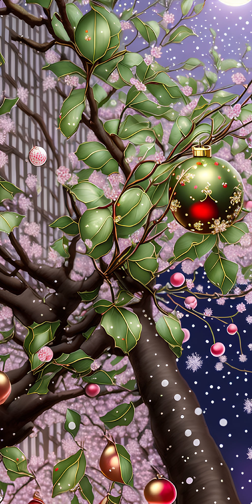 Tree illustration with green leaves, pink blossoms, red & gold ornaments, snowy background.