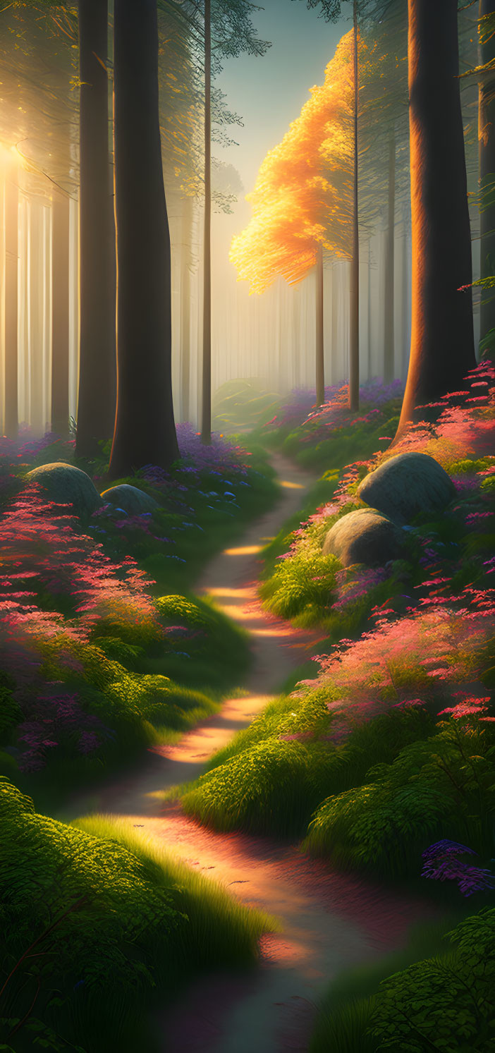 Tranquil Forest Path with Sunbeams and Blooming Flowers