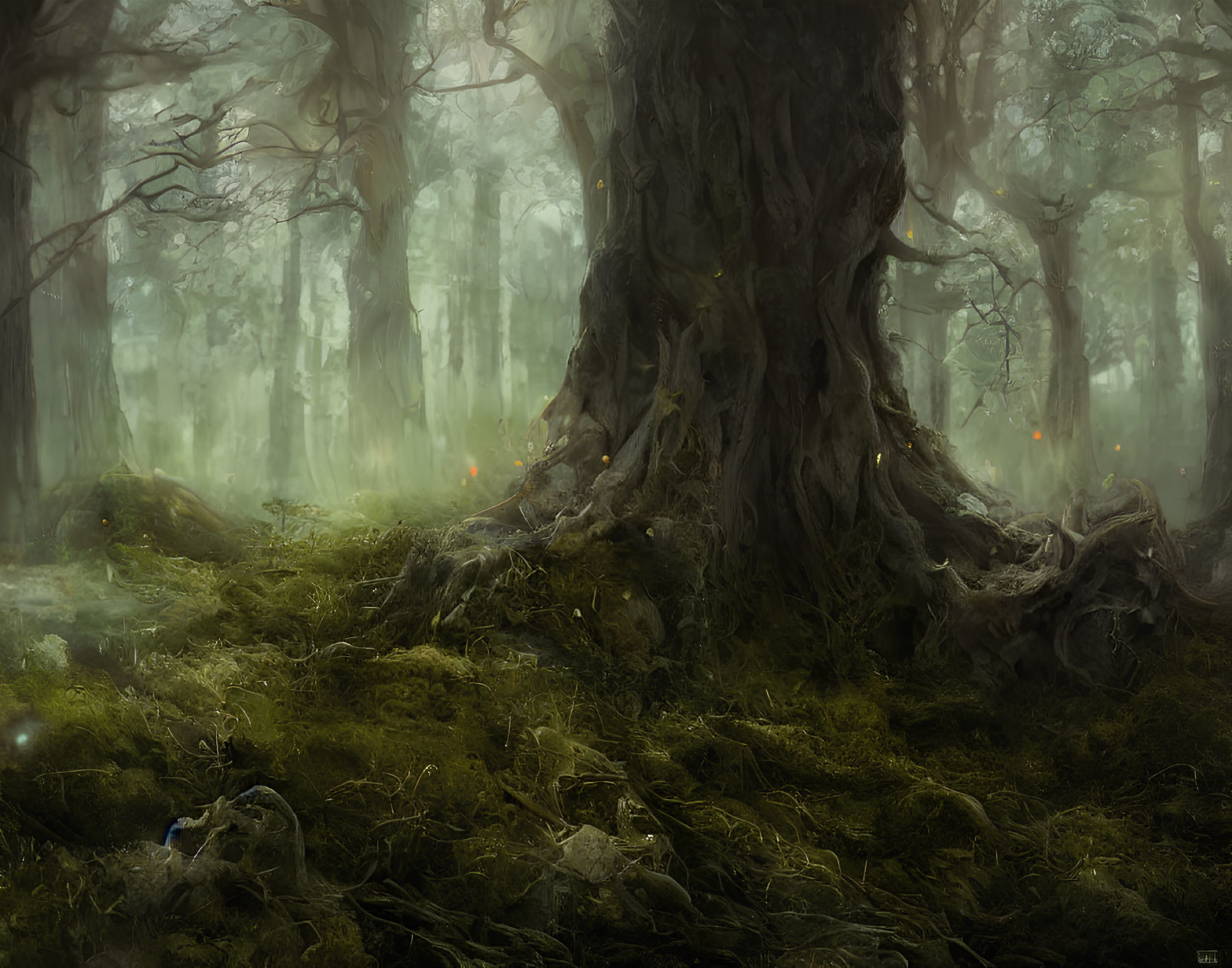 Mystical forest scene with twisted tree, fog, moss, and lights