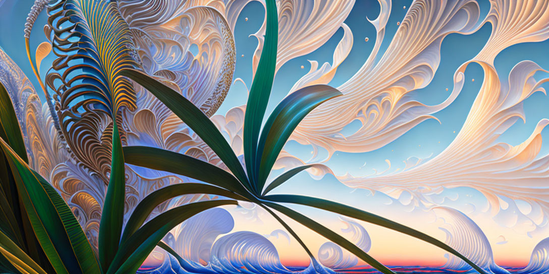 Detailed Surreal Landscape with Flowing Design and Palm-like Foliage