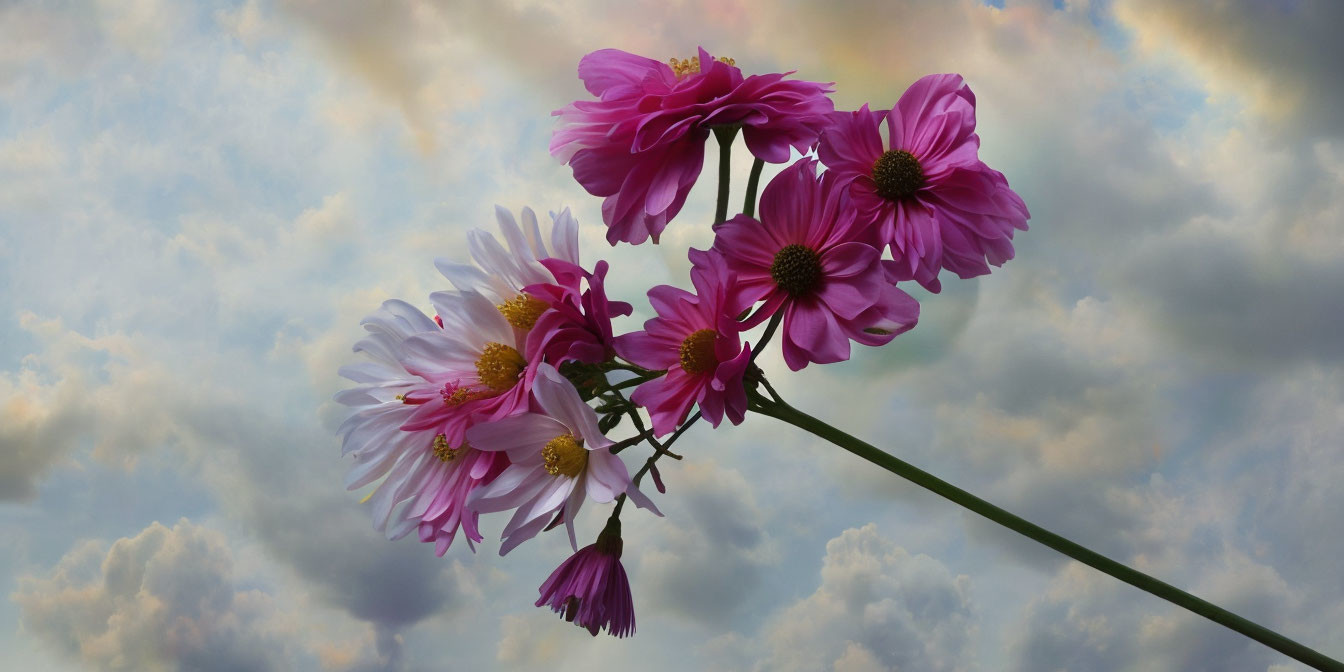 Pink Flowers Against Cloudy Sky at Sunrise/Sunset