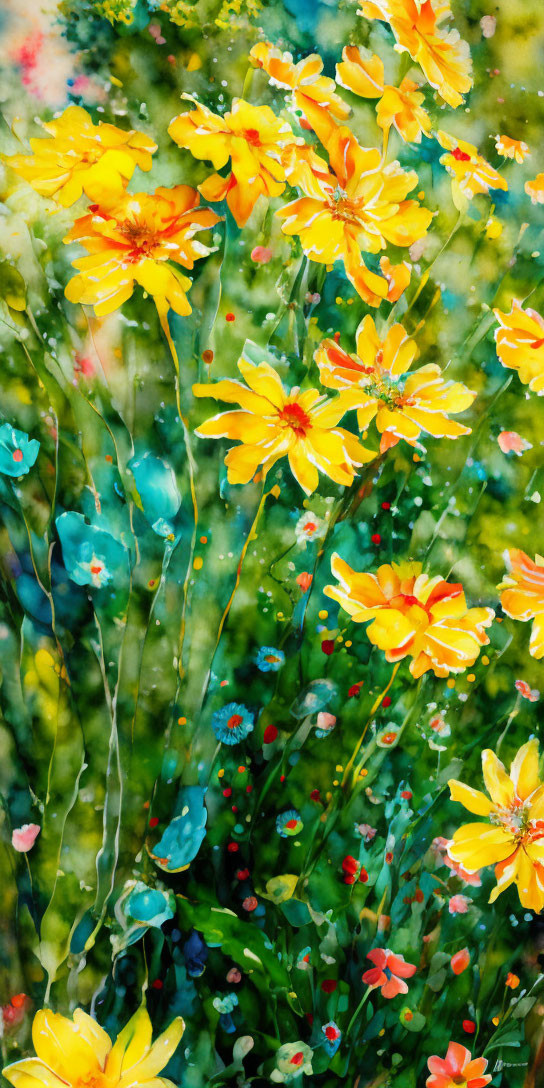 Colorful Yellow Flowers with Red Tips on Blurred Green Background