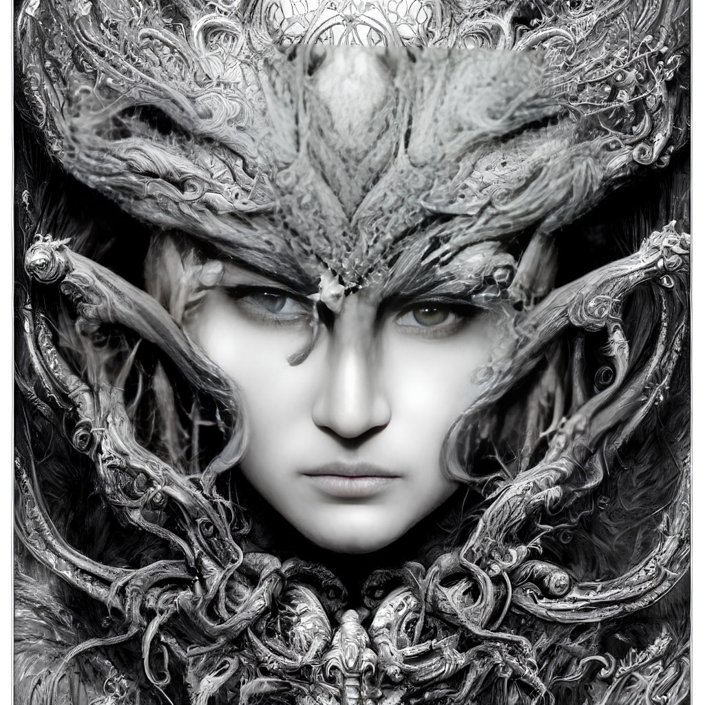 Monochrome image of person in detailed headdress with swirling textures