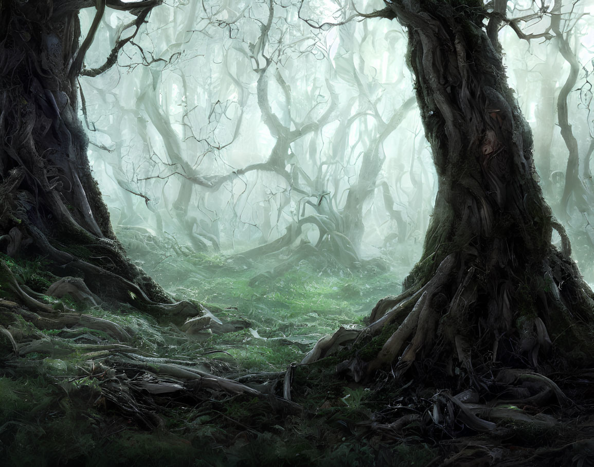 Misty forest with gnarled trees and twisted roots