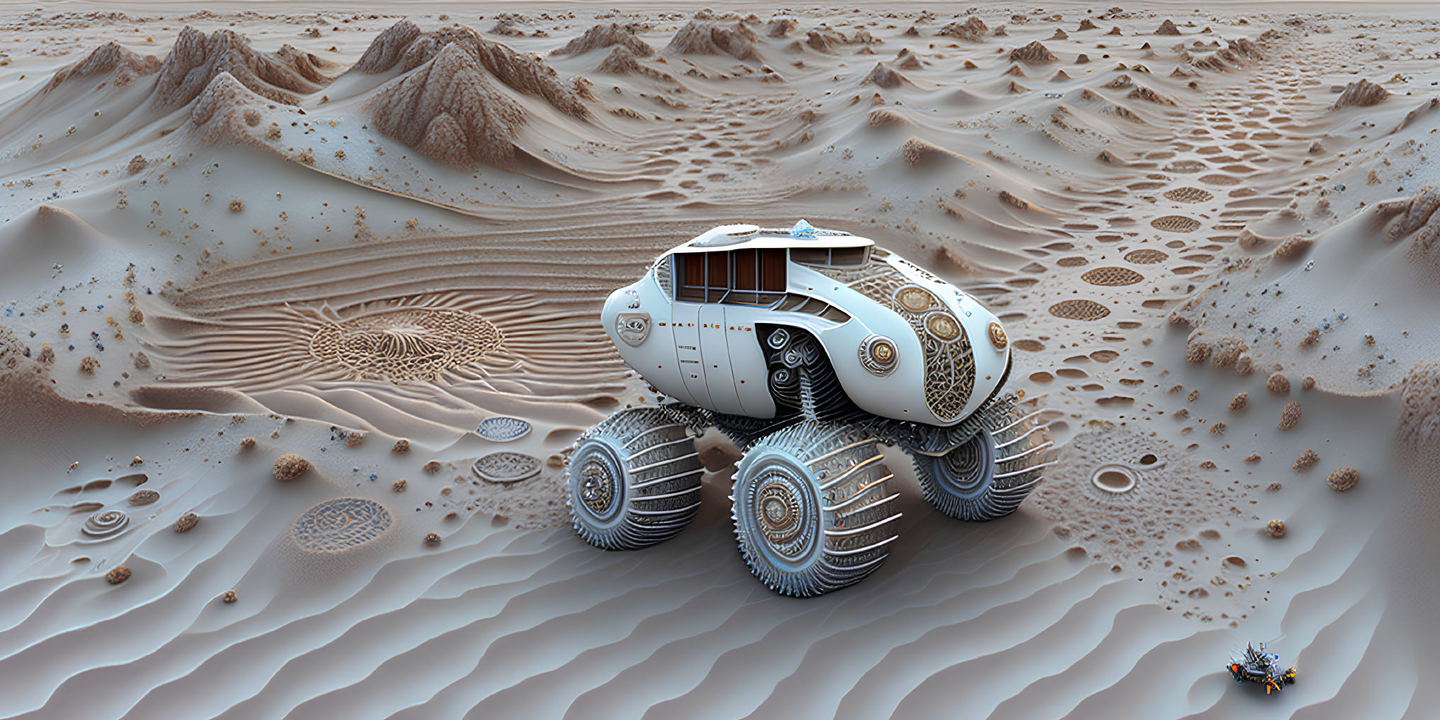 Futuristic rover with spherical sections and large treaded wheels in desert with ripple-like patterns, accompanied