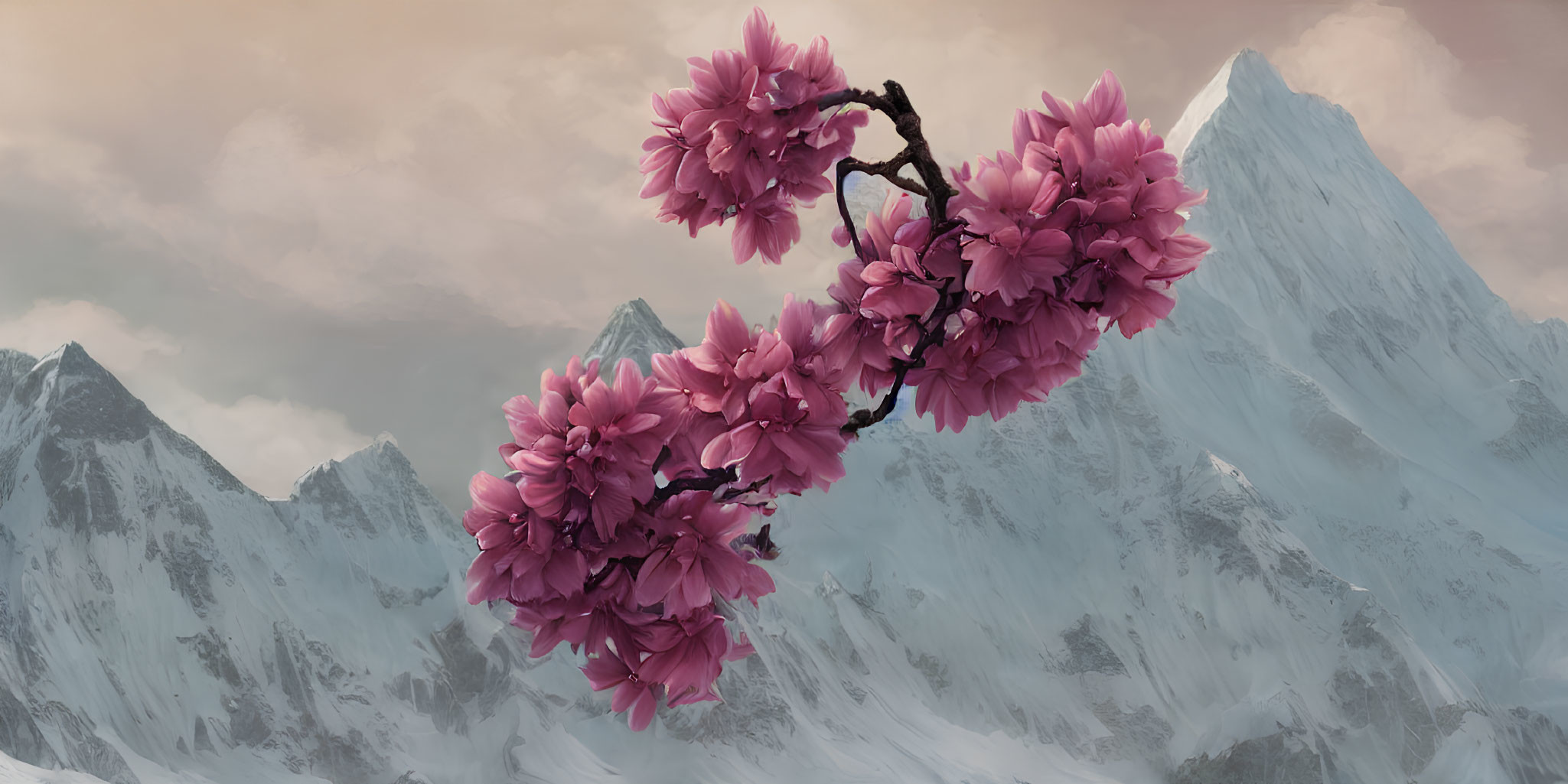 Digital Artwork: Pink Cherry Blossoms Against Snow-Capped Mountains