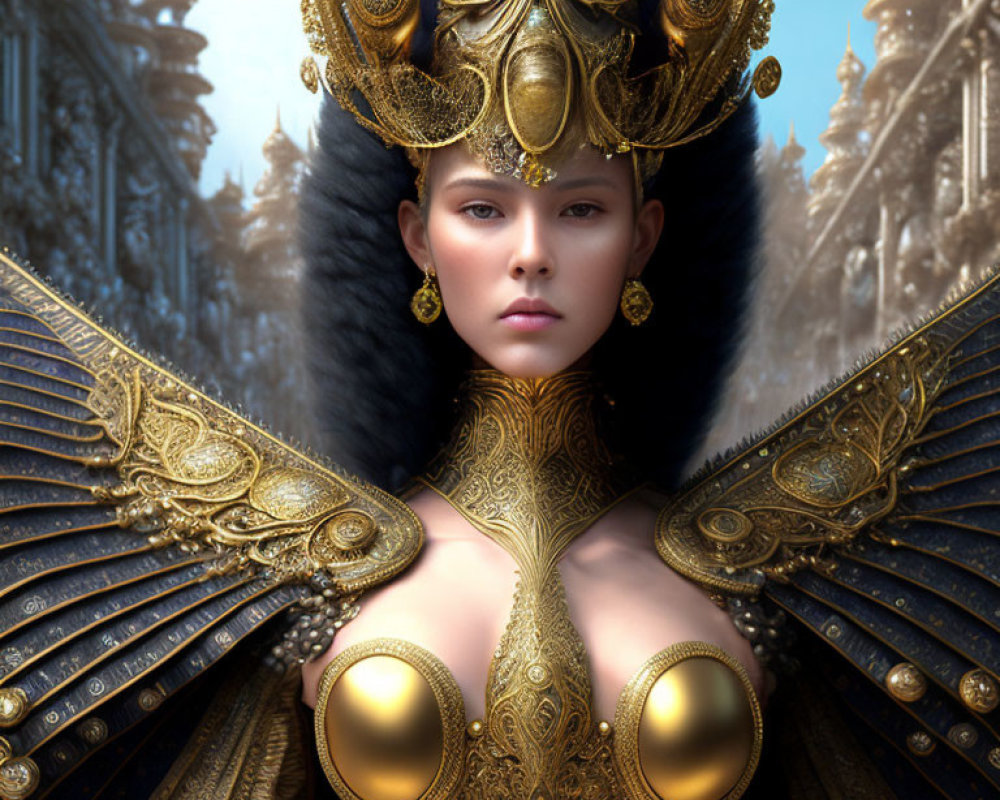 Regal character in golden armor with winged shoulders in snowy fantasy setting