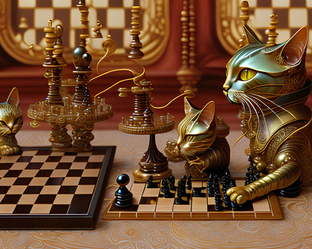 Golden Cat Figurines on Chessboard in Opulent Room with Chess Decorations