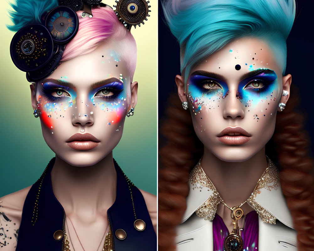 Woman with avant-garde makeup and celestial designs alongside steampunk elements.