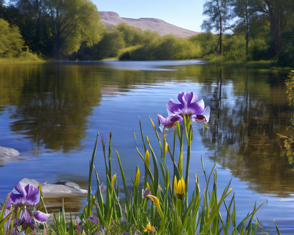 Tranquil Lake Scene with Purple Iris Flowers