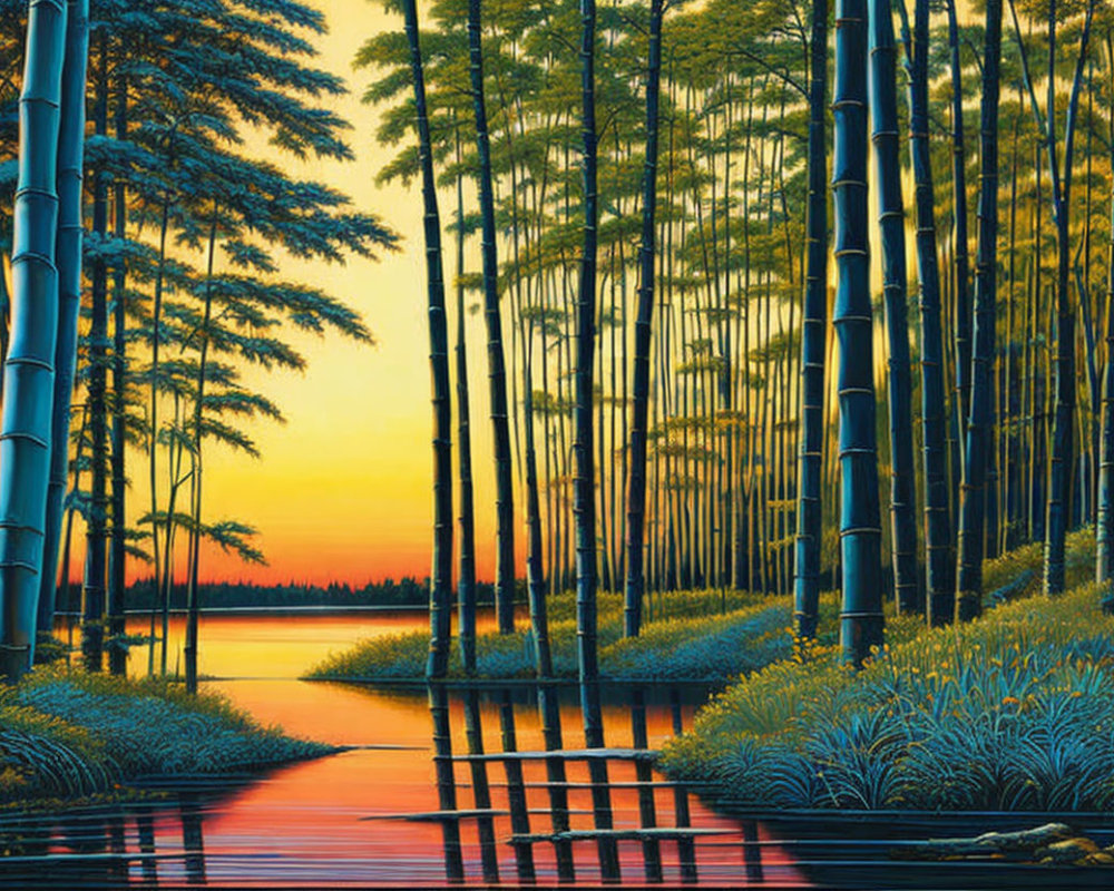 Serene bamboo forest and lake sunset scene.