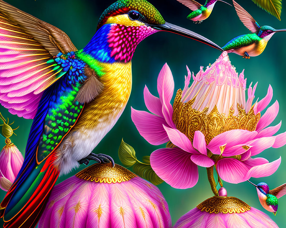 Colorful Hummingbird Illustration with Exotic Flowers & Birds