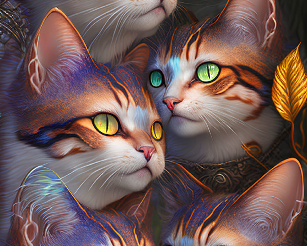 Intricately Detailed Fantastical Cats with Vibrant Eyes and Patterned Fur