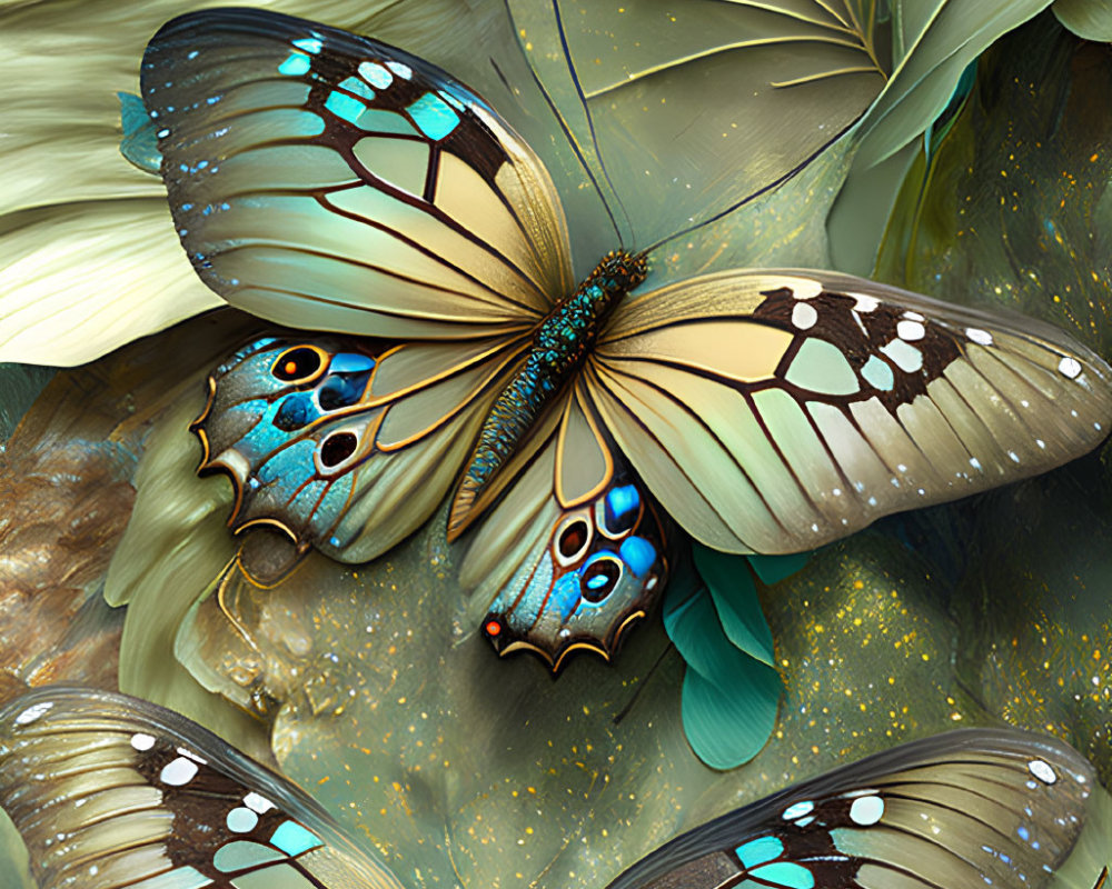 Detailed digital art: Blue and brown butterflies among lush greenery and floral motifs.