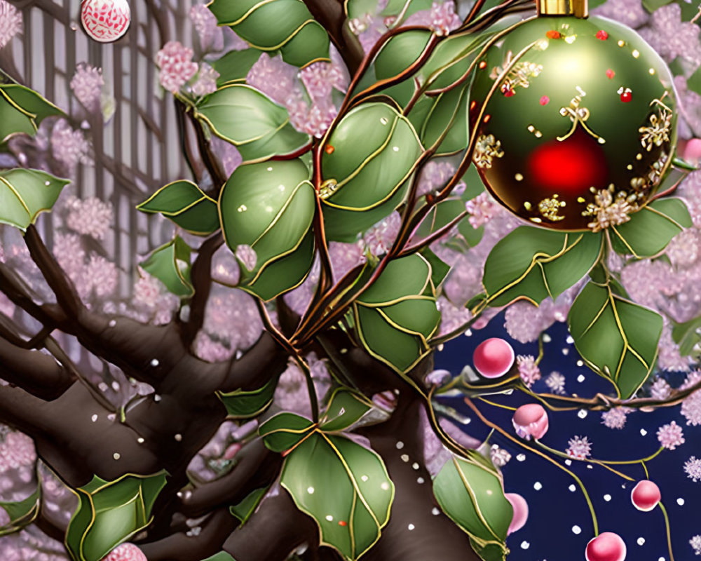 Tree illustration with green leaves, pink blossoms, red & gold ornaments, snowy background.