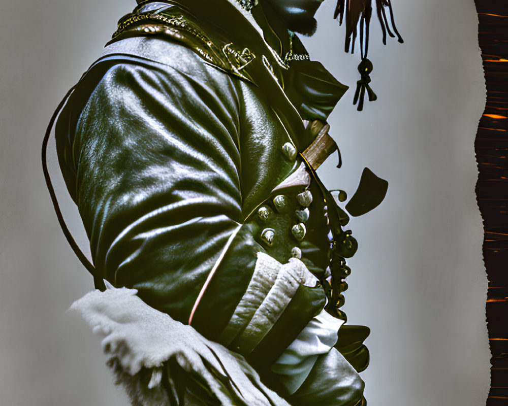 Elaborate pirate costume with tricorn hat and fur-trimmed coat