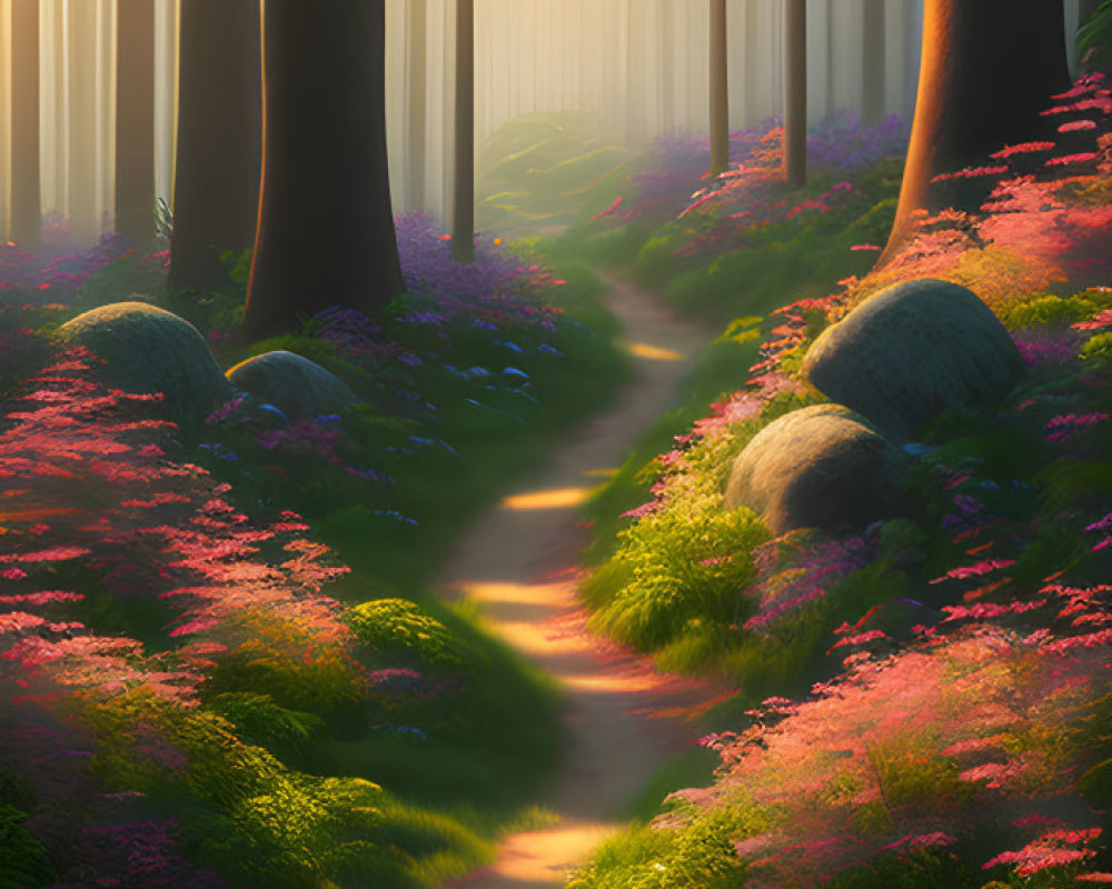 Tranquil Forest Path with Sunbeams and Blooming Flowers