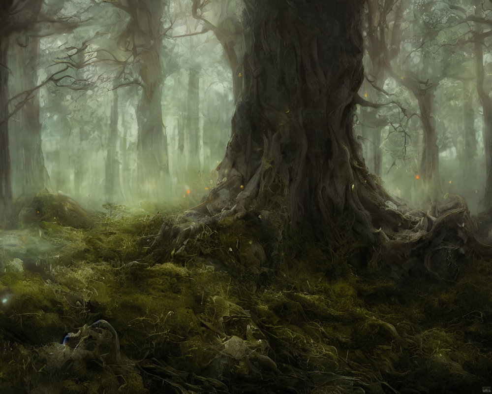 Mystical forest scene with twisted tree, fog, moss, and lights