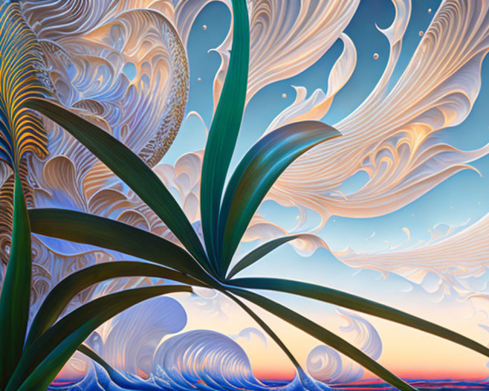 Detailed Surreal Landscape with Flowing Design and Palm-like Foliage