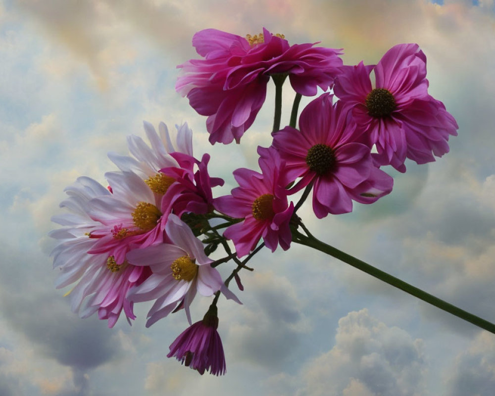 Pink Flowers Against Cloudy Sky at Sunrise/Sunset