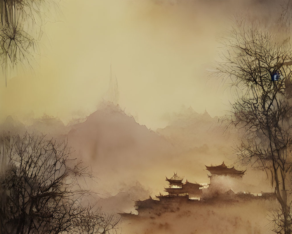 Misty Landscape with Silhouetted Trees and Pagodas in Golden Sky