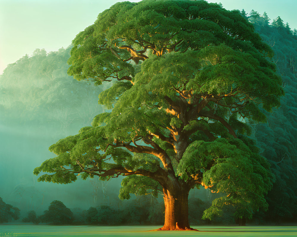 Majestic solitary tree with broad canopy in misty forest under warm sunlight