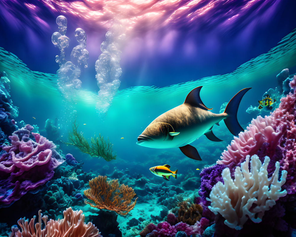 Colorful Coral and Fish in Vibrant Underwater Scene