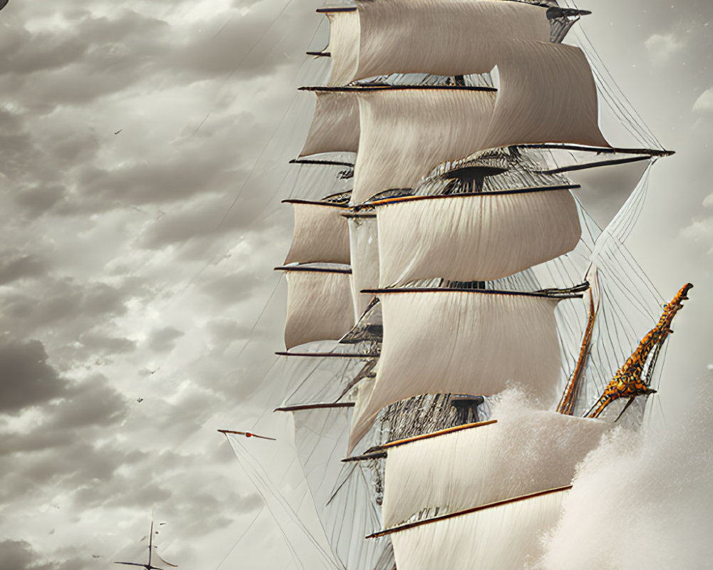 Tall ship with white sails navigating choppy seas and another ship in background under brooding sky