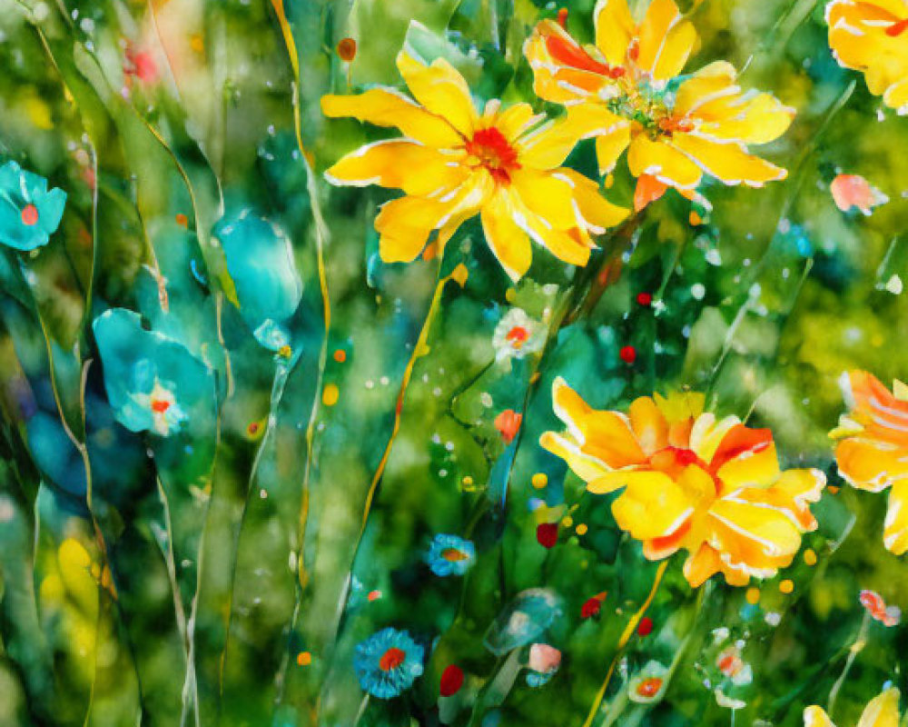 Colorful Yellow Flowers with Red Tips on Blurred Green Background