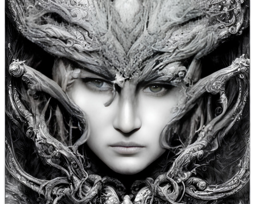 Monochrome image of person in detailed headdress with swirling textures