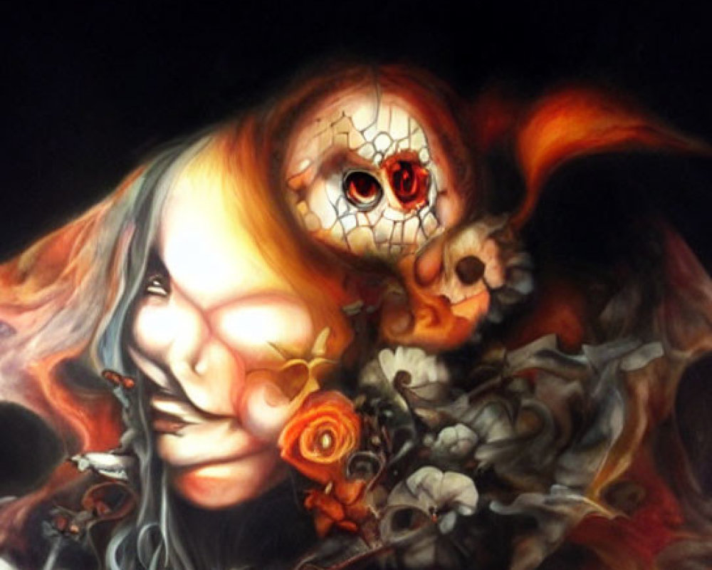 Surreal portrait blending woman's face, skull, and florals in fiery tones