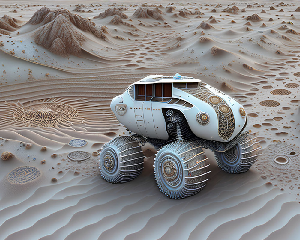 Futuristic rover with spherical sections and large treaded wheels in desert with ripple-like patterns, accompanied