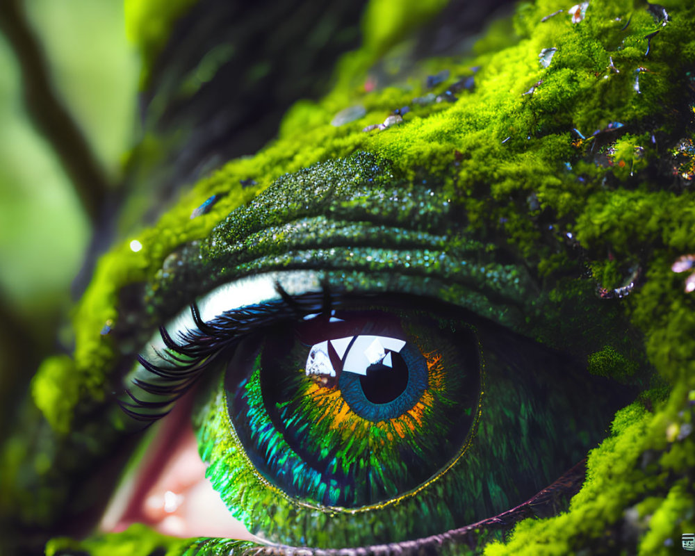 Detailed close-up of vibrant green eye with moss-like textures and lush lashes