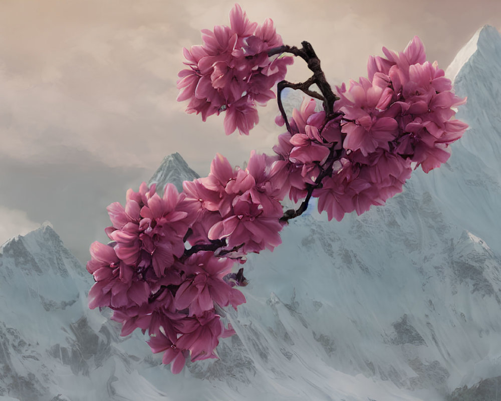 Digital Artwork: Pink Cherry Blossoms Against Snow-Capped Mountains