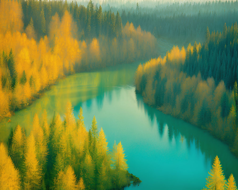 Autumn forest with winding river and colorful foliage