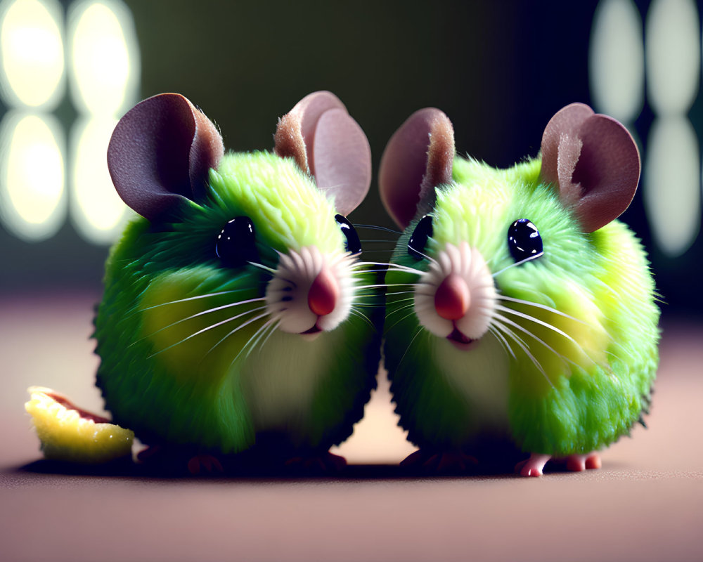 Stylized 3D-rendered mice with vibrant green fur and oversized ears nibbling on cheese