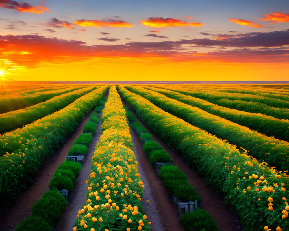 Field of Yellow Flowers at Sunset with Orange and Blue Sky