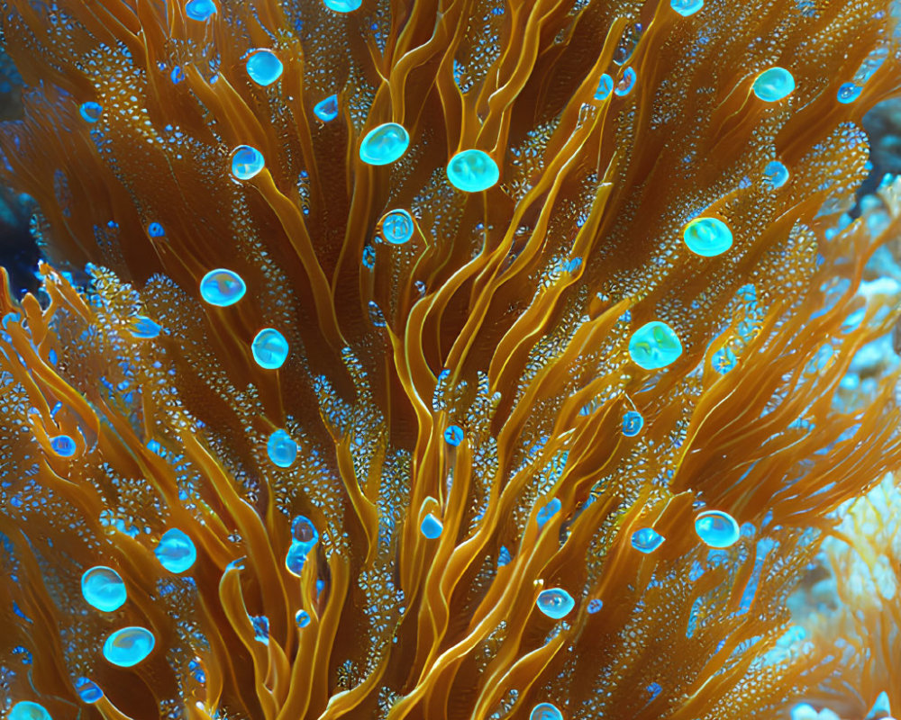 Colorful Underwater Scene with Orange Sea Anemone, Coral Reefs, and Blue Fish