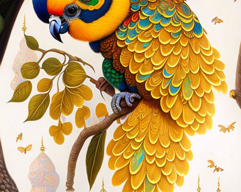 Colorful Macaw Illustration with Fantasy Architecture Background