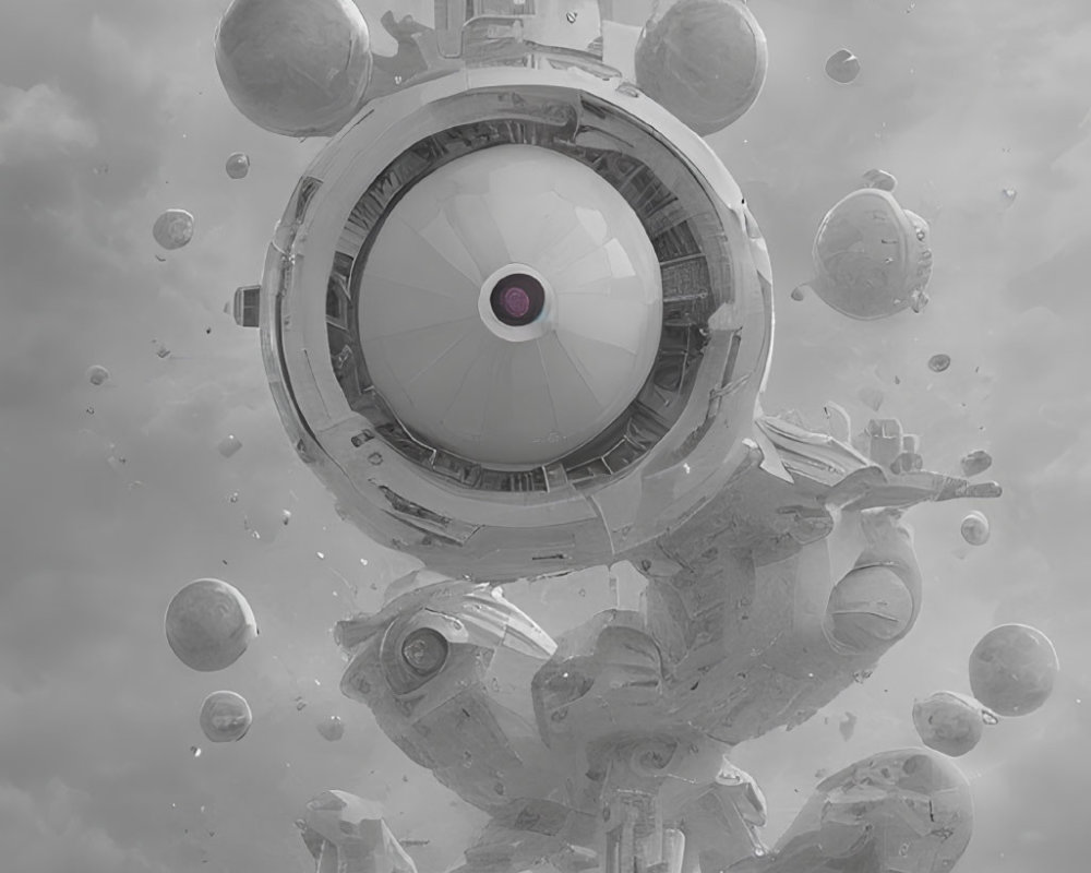 Grayscale futuristic city with floating spheres and eye-like building