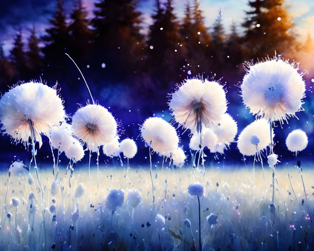 Fluffy white dandelion-like flowers in twilight with silhouetted pine trees