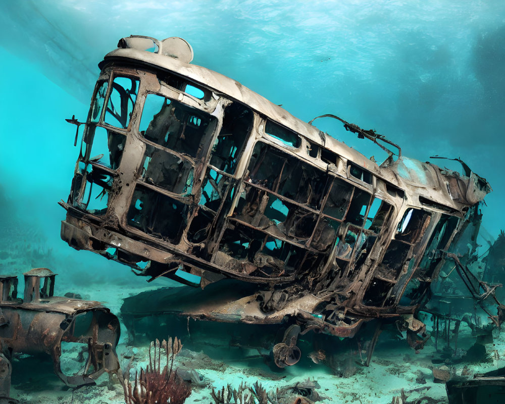 Sunken corroded bus underwater with marine life in clear blue water