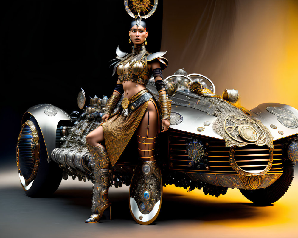 Futuristic warrior woman in golden armor on steampunk motorcycle