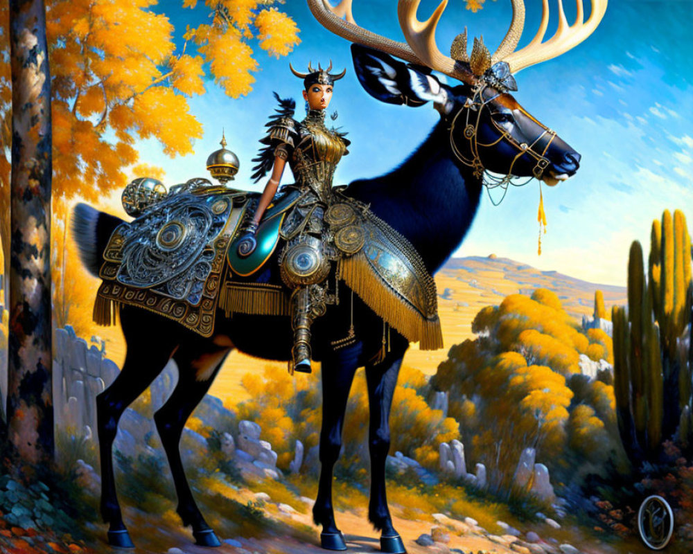 Fantasy artwork: Majestic figure on giant elk in autumn landscape