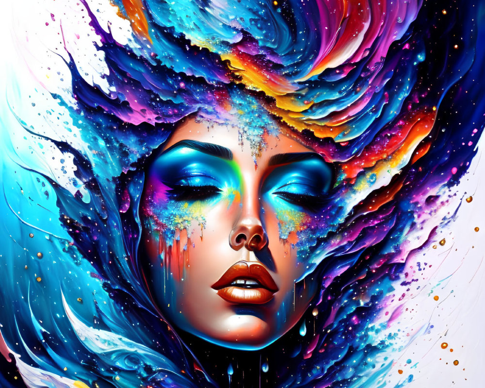 Colorful digital artwork: woman's face in cosmic swirl