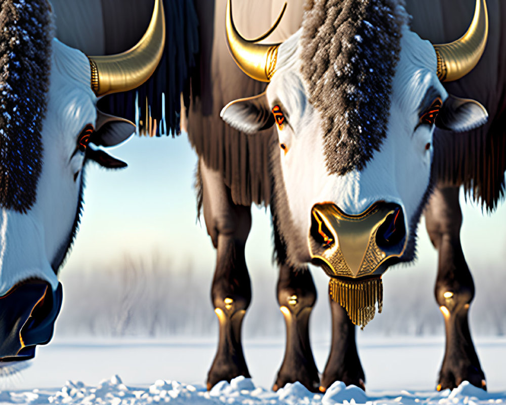 Illustrated Yak-Like Animals with Fluffy Coats and Horns in Snowy Landscape