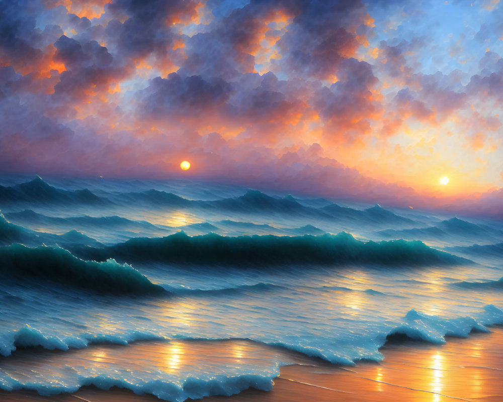 Dramatic sunset seascape with reflective sky and rolling waves